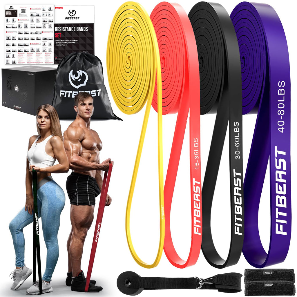 FitBeast Resistance Bands Set 4 Different Levels Pull Up Assist Bands for Strength Training Crossfit Powerlifting Muscle Toning Mobility Exercises Full-Body Workout (Rainbow 5-80 lbs)