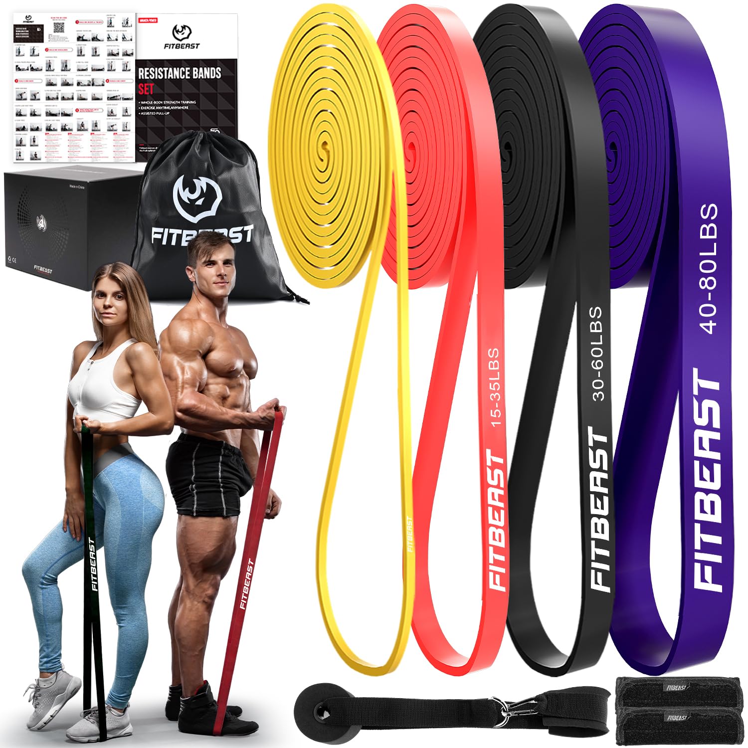 FitBeast Resistance Bands Set 4 Different Levels Pull Up Assist Bands for Strength Training Crossfit Powerlifting Muscle Toning Mobility Exercises Full-Body Workout (Rainbow 5-80 lbs)